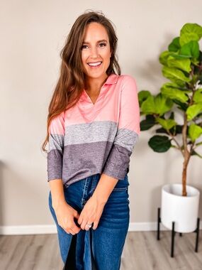 Colorblock Collared V-Neck Blouse - Pink Gray